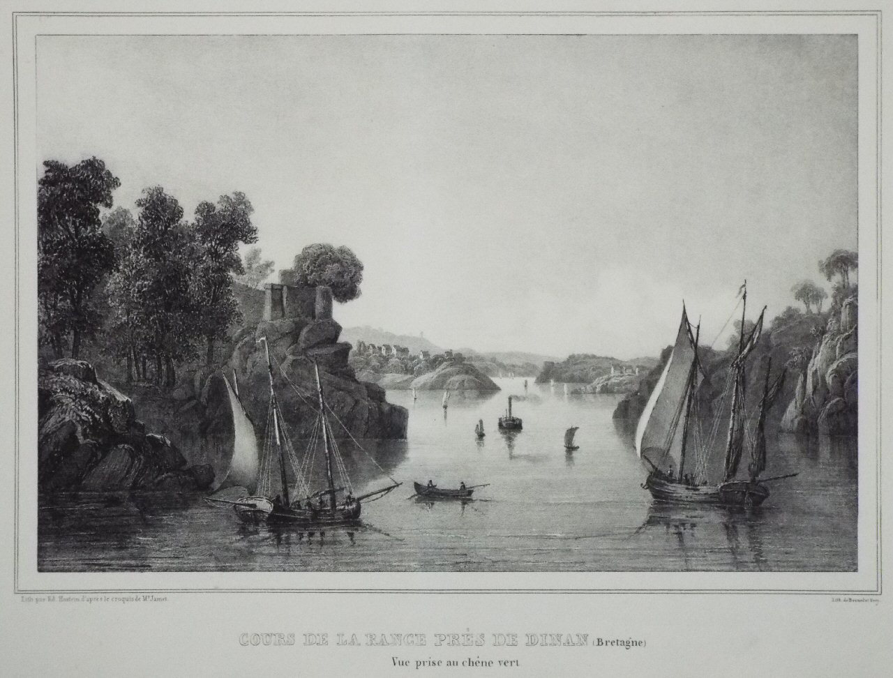 Lithograph - Cours de la Rance pres de Dinan (Bretagne). Vue prise au chene vert. - Bernard